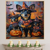 Halloween Witch Hat Australian Kelpie Dog Family Wall Art with Pumpkins Rustic Fall Farmhouse Decor for Pet Lovers on Ready to Hang 1.5" Thick Canvas Wrap, Floating Framed Canvas, Flat Rolled Canvas